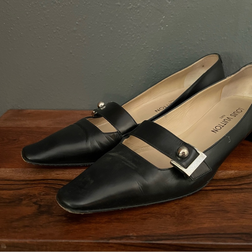 Louis Vuitton Black Leather Flats with Silver Buckle